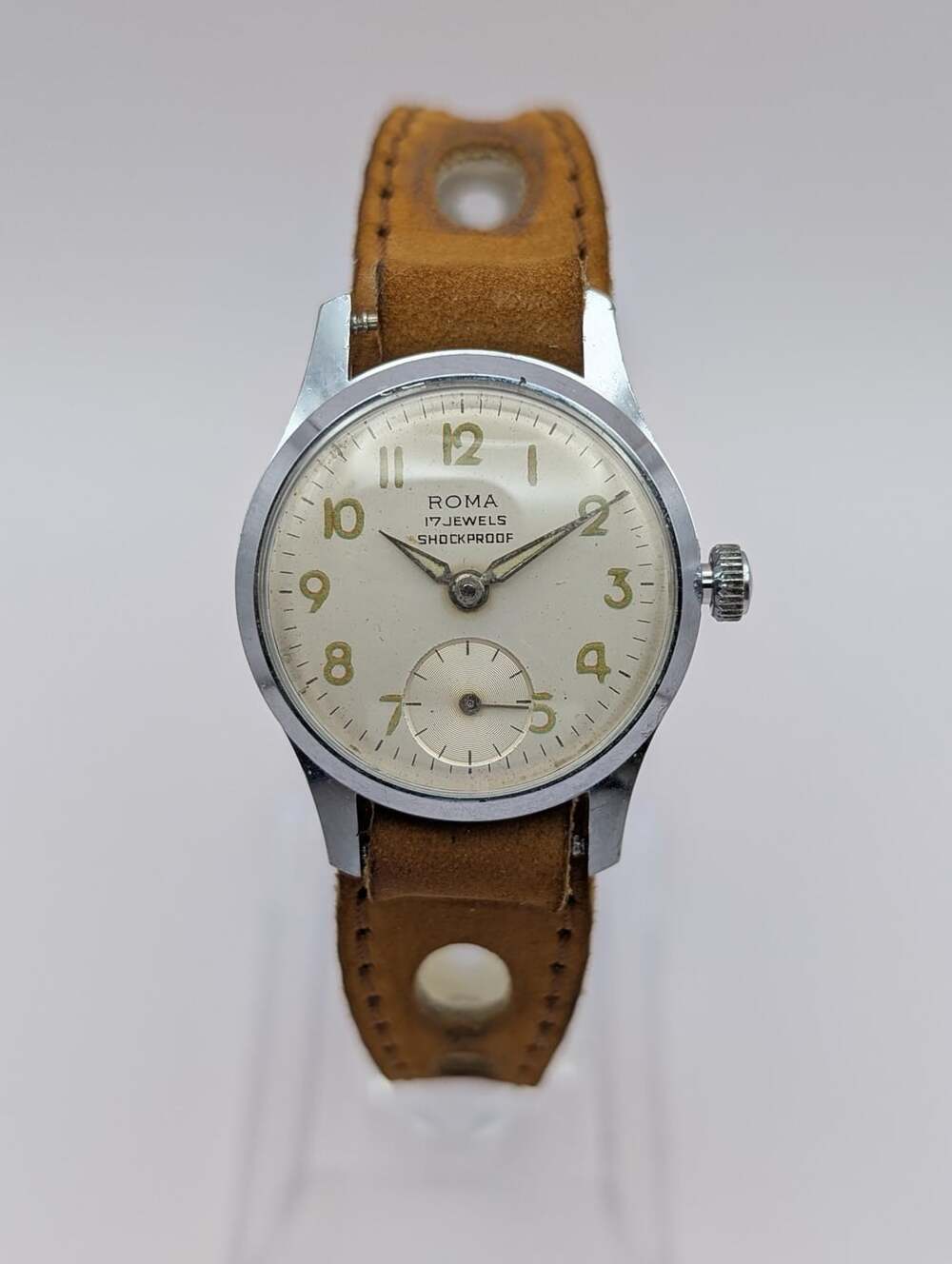 Vintage Roma Mechanical Silver-Tone Ladies Watch, Sub Second Hand, Suede Strap